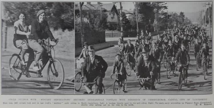 Cycle outings with 'mystery destinations' becoming increasingly popular with residents of Christchurch, 1934