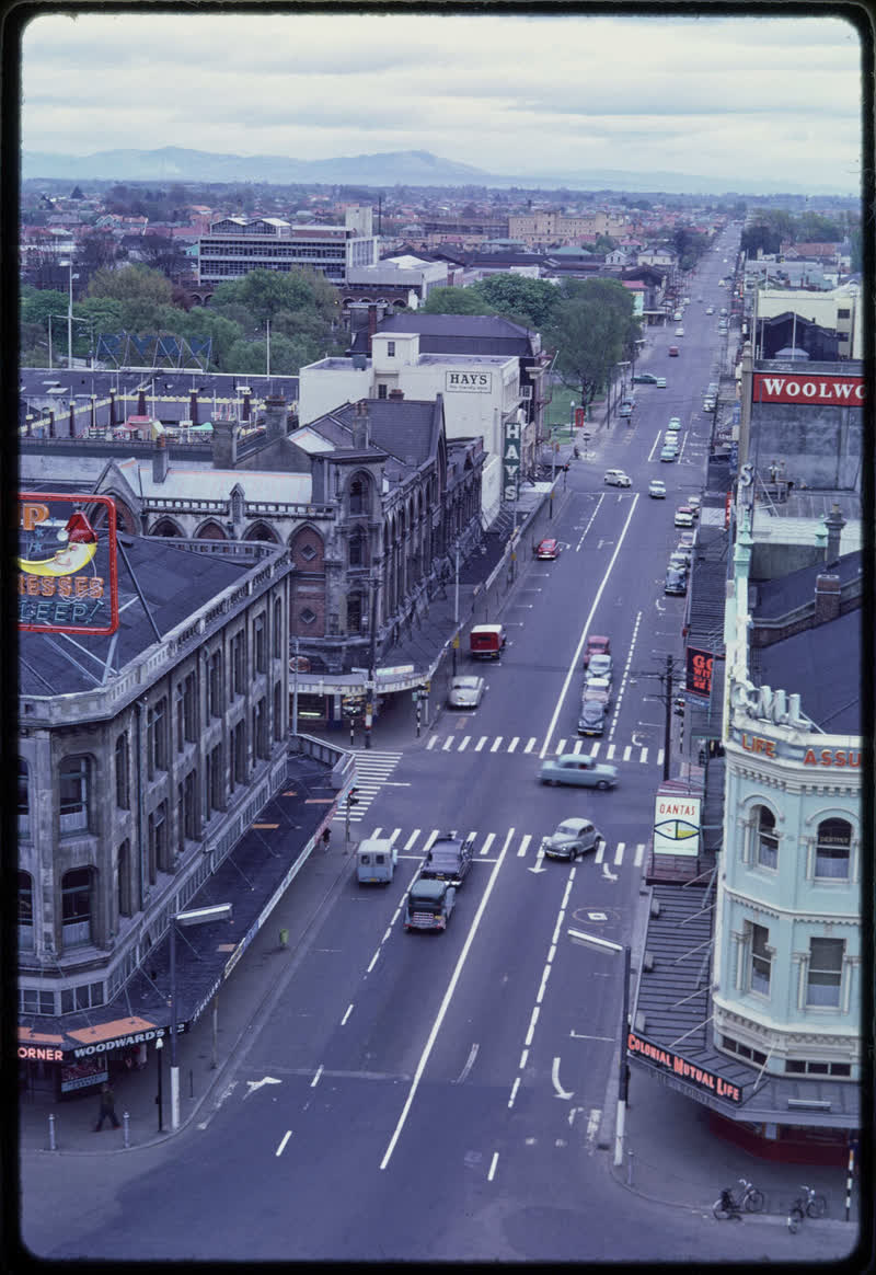 View north along Colombo Street from Christchurch Cathedral tower, 1962