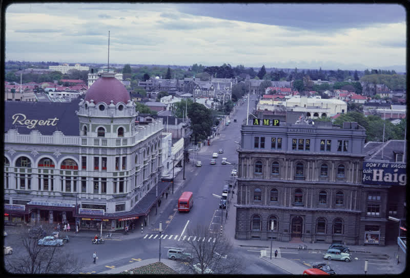 View west along Worcester Street from Christchurch Cathedral tower, 1962