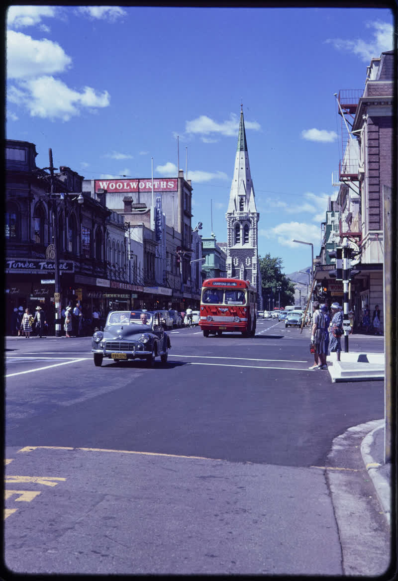 View south along Colombo Street towards Christchurch Cathedral, 1962