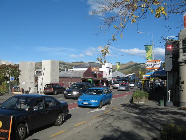 Cars driving past Beckenham shops, 2009