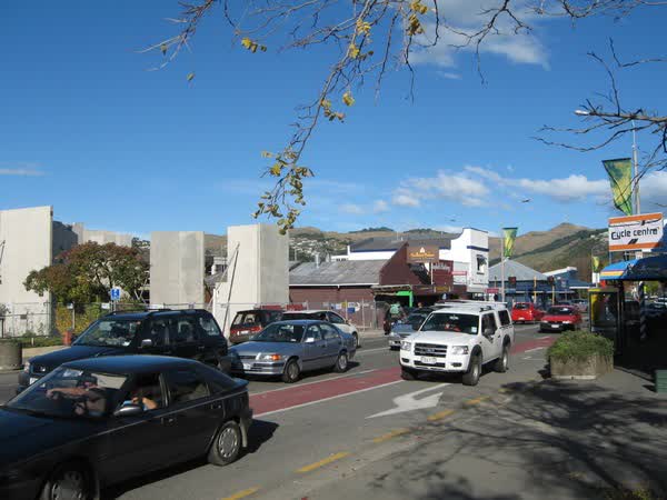 Cars driving past Beckenham shops on Colombo Street, 2009