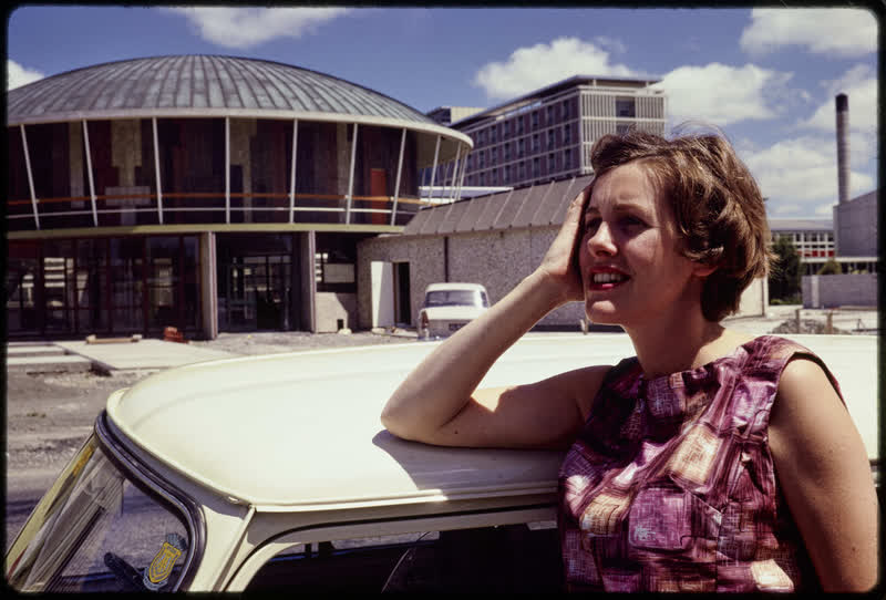 Elizabeth Hanan outside School of Engineering, University of Canterbury, 1967