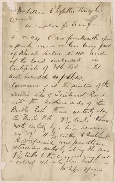 Bridle Path, land transfer note, 1880