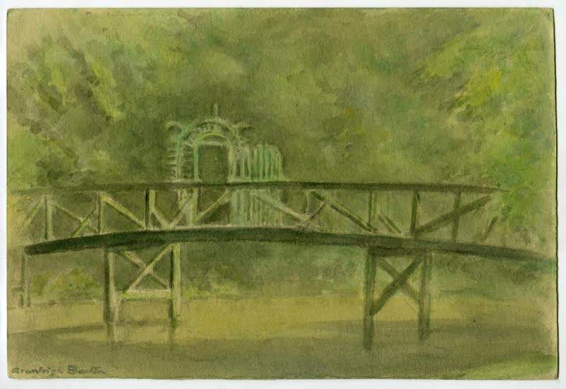 Watercolour Painting: Woodend Bridge in Christchurch Botanical Gardens, 1968