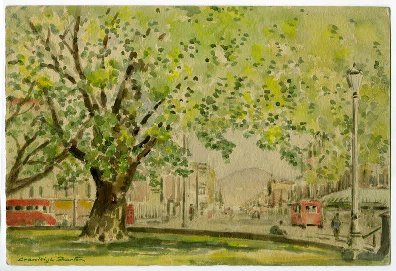 Watercolour Painting: From the Cathedral Looking Down Colombo St, Christchurch, 1954