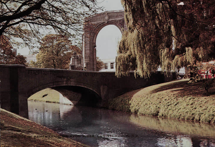 Bridge of Remembrance and Avon River, Christchurch, 1960