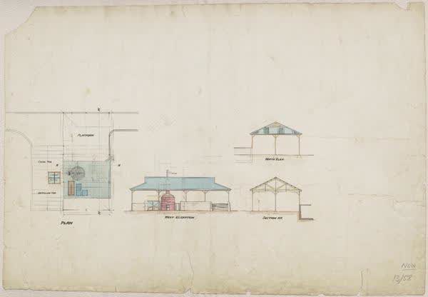 Tar still plan, west elevation, and section, 1914