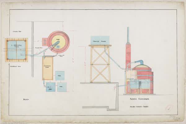 Tar still plan, storage tanks and north elevation, 1914
